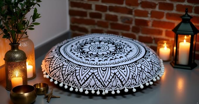 Round Mandala Floor Pillow Cover Seating Cushion Throw Cover Hippie Decorative Bohemian Ottoman Pouf Cover, Pom Pom Pillow Cases,Boho Indian 22 Inches (Black Flower)