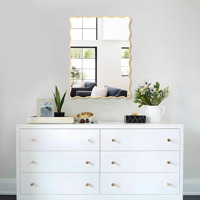 Gold Wavy Mirror Whit Wood Frame, 18" x 24" Small Rectangle Boho Mirror for Nursery Wall Decor, Bathroom Vanity, Bedroom, Living Room, Entryway