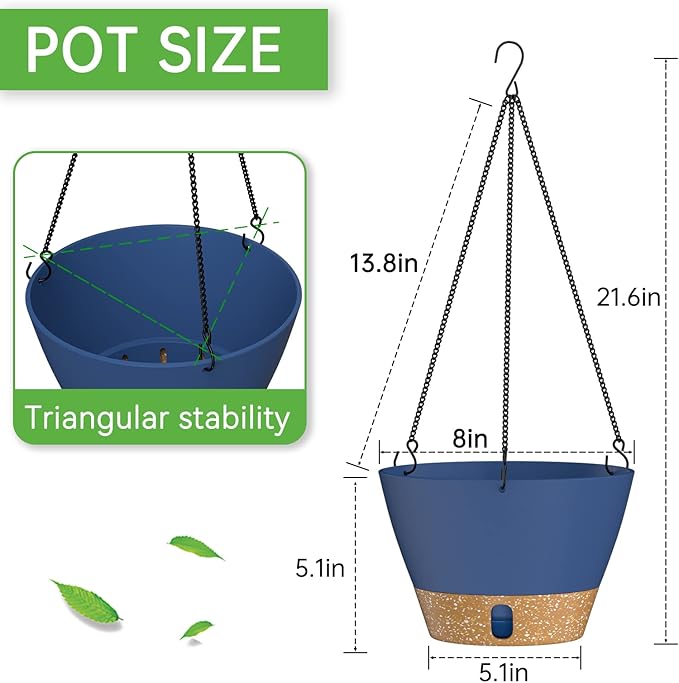 ZMTECH 2 Pack 8 Inch Hanging Planters for Indoor Plants, Modern Blue Hanging Planter with Visible Water Level Window & Removable Tray, Decorative Plant Hanger Indoor for Home Decor