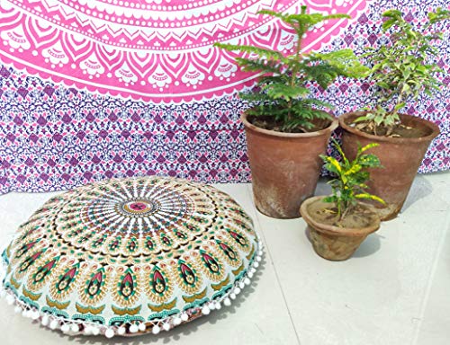 INDIAN CRAFT CASTLE 24" Musturd Peacock Mandala Barmeri Large Floor Pillow Cover Cushion Meditation Seating Ottoman Throw Cover Hippie Decorative Zipped Bohemian Pouf Ottoman Pom Pom Cases 24" Round - color: Musturd, style: 24 Inch Round