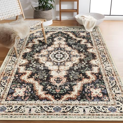 Black Rug 3'x5',Washable Area Rugs for Bedroom Living Room Kitchen Entryway Bedside,Small Boho Vintage Bohemian Distressed Non Slip Carpet,Colorful Floral - color: Black, size: 3'x5'