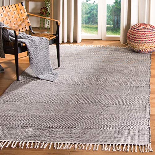 SAFAVIEH Montauk Collection Accent Rug - 3' x 5', Ivory & Anthracite, Handmade Flat Weave Boho Farmhouse Cotton Tassel Fringe, Ideal for High Traffic Areas in Entryway, Living Room, Bedroom (MTK330N) - color: Ivory/Anthracite, size: 3' x 5' (Rectangular)