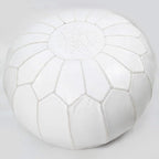 ARTOUARZAZATE Premium Moroccan Leather Pouf Cover - Round & Large Ottoman Footstool Cover with Embroidery - Cover ONLY - Perfect for The Living Room Bedroom, Kids Room, Gift & Wedding (White)