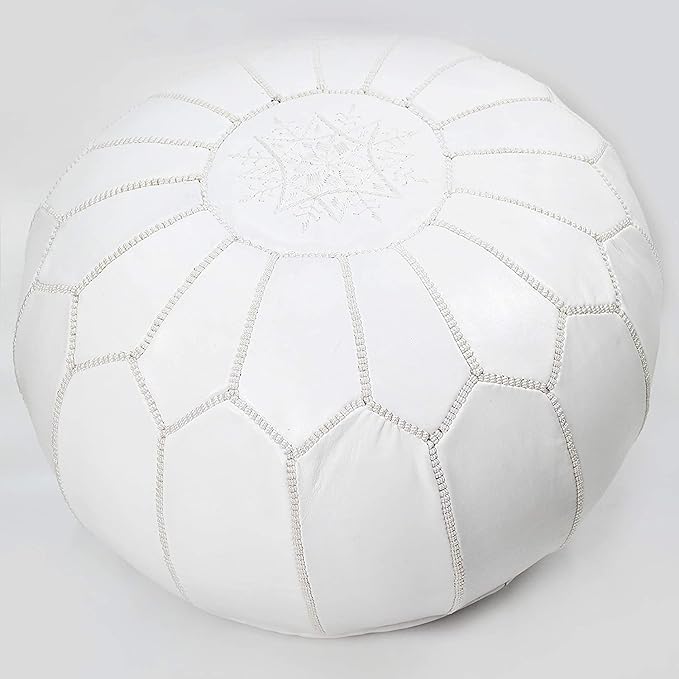 ARTOUARZAZATE Premium Moroccan Leather Pouf Cover - Round & Large Ottoman Footstool Cover with Embroidery - Cover ONLY - Perfect for The Living Room Bedroom, Kids Room, Gift & Wedding (White)