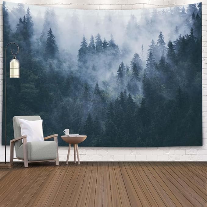 EMMTEEY Forest Tapestry Wall Hanging Wall Art Tapestry Misty Foggy Mountain Landscape with Fir Small Tapestry 60X40 Tapestry for Bedroom Living Room