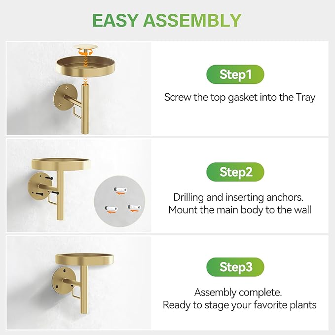 DELLAN Wall Plant Holder, 3 Pack Metal Wall Planters Stand Floating Shelves for Indoor Plants, Window Sill Plant Decor for Bedroom, Bathroom, Living Room, Home, Office, All Gold