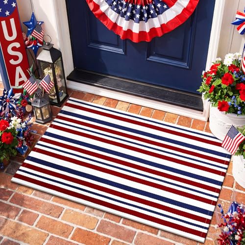 Moucuny Red Blue White 4th of July Striped Rug 250th Anniversary Mat Patriotic Outdoor Front Porch USA Door Mat Welcome Layering Rug 4th of July Doormat for Entryway Farmhouse Decor (2' X 3')