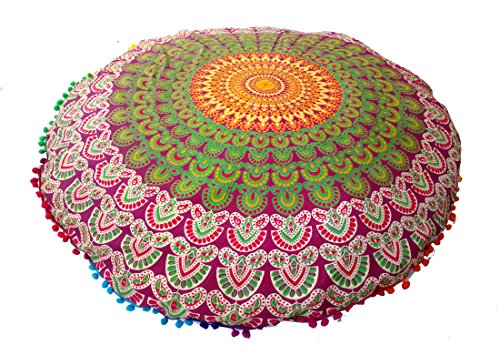 Rastogi Handicrafts 32" COR Mandala Floor Pillow Cushion Seating Throw Cover Bohemian Ottoman Poufs, Pom Pom Pillow Cases,Boho Indian (Green) - color: Green