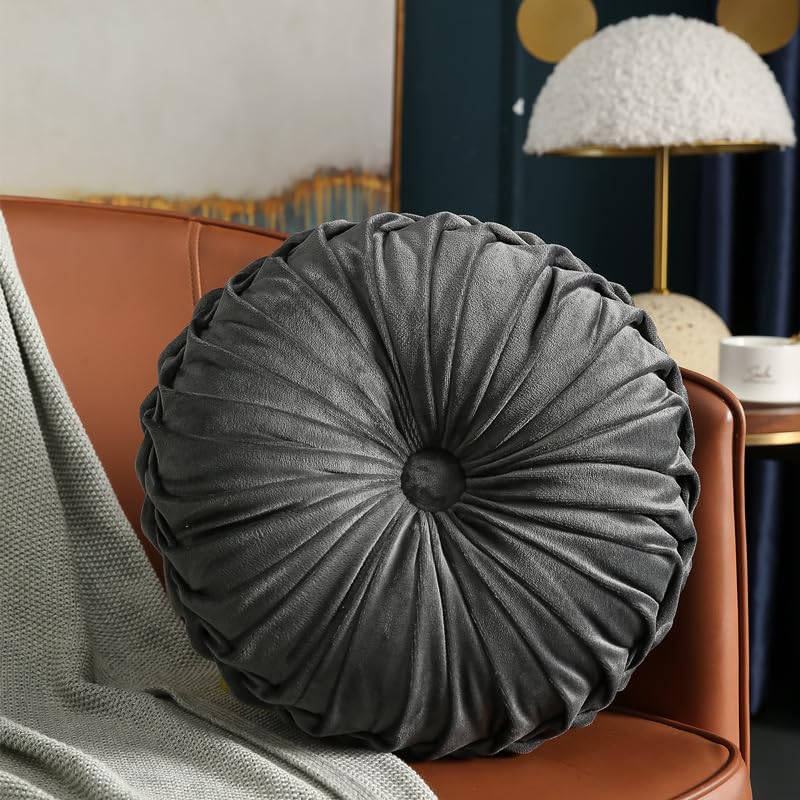 MOCOFO Round Velvet Throw Pillow, Pumpkin Shape Decorative Floor Cushion, Handcrafted Pleated Design, 14 and 16 Inch Diameter, Multiple Colors, Polyester Fill (Dark-Gray, 16") - color: Dark-gray, size: 16"