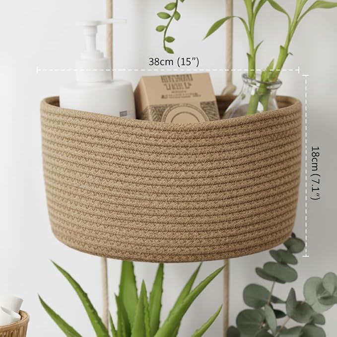 Over the Door Organizer, 3-Tier Hanging Storage Basket with Hooks, Cotton Back of Door Organizer for Living Room, Bedroom, Boho Wall Decor, Toy Storage, Jute