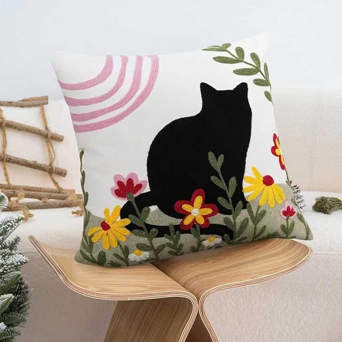 JASEN Embroidered Cat Throw Pillow Cover 18x18 Inch - Decorative Cotton Pillow Case for Couch, Sofa, Bedroom, Living Room - Farmhouse Home Aesthetic Housewarming Gifts