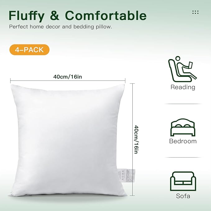 OTOSTAR Pack of 4 Throw Pillow Inserts, 16 x 16 Square Cushion Inner Soft Fluffy Plump Stuffer Cushion Pads White Decorative Pillow Inserts