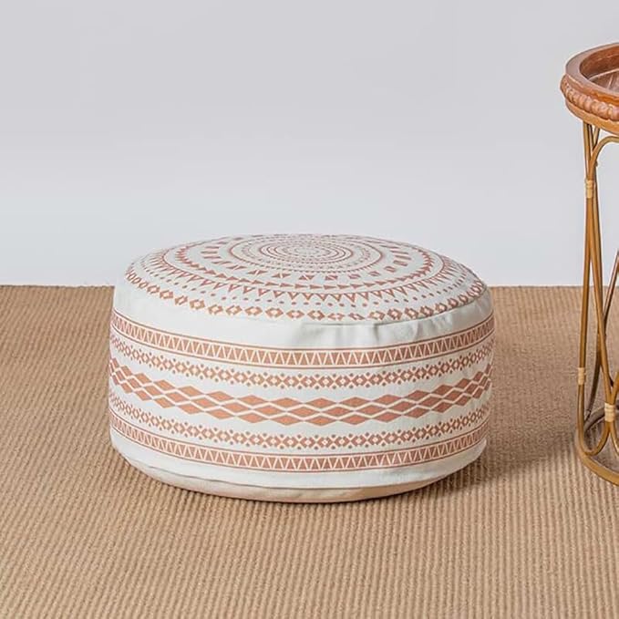 MOCOFO Unstuffed Round Pouf Cover, Boho Geometric Ottoman Footstool Cover with Handle, Decorative Floor Pillow & Storage Bean Bag for Living Room, Nursery, Patio(Red,18x18x8,Cover only)