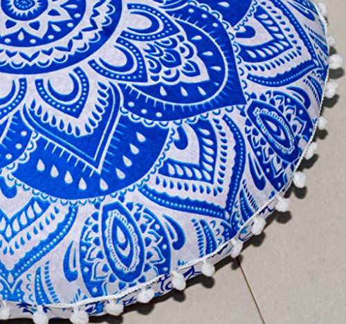 Round Mandala Floor Pillow Cover Seating Cushion Throw Cover Ottoman Pouf Cover Pom Pom Pillow Cases Hippie Decorative Bohemian Boho Indian 22 Inches (Blue White) - color: Blue White