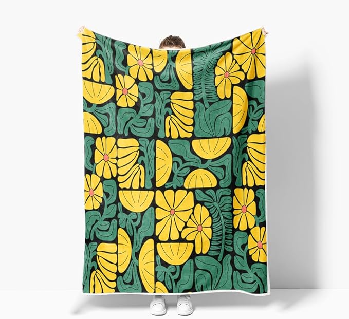 Boho Abstract Colorful Floral Throw Blanket, Vintage Retro Patchwork Yellow Green Flower Botanical Geometric Aesthetic Groovy Flannel Throw Blanket for Chair Bed Sofa Couch, 50X60IN
