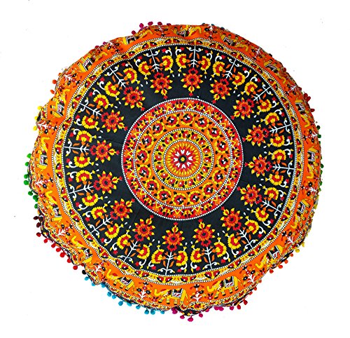 Rastogi Handicrafts 32" COR Mandala Floor Pillow Cushion Seating Throw Cover Bohemian Ottoman Poufs, Pom Pom Pillow Cases,Boho Indian (Orange) - color: Orange