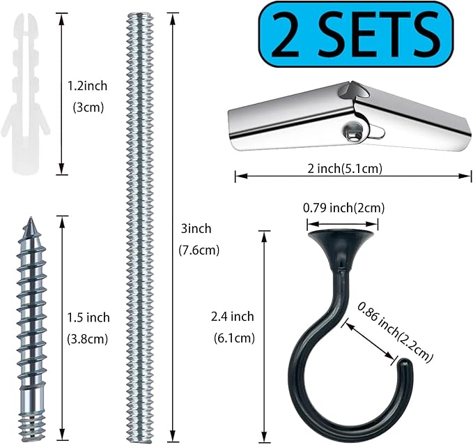 2 Sets 2.4 inch Heavy Duty Swag Ceiling Hooks with Hardware for Hanging Plants, Cavity Wall Fixing, Easy Installation, Holds Up to 30 lbs, Ideal for Home & Garden (Black)
