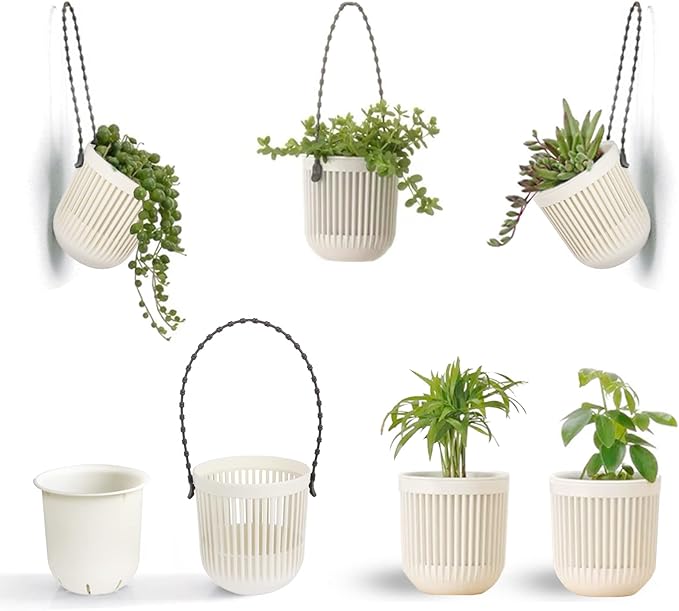 Melphoe 3.5‘’ Two-Piece Succulent Planters Pots with Drainage, Flexible Removable Handle, Flower Pots for Mini Plants, Small Hanging Planter for Wall, Window, 6 PCAK, White