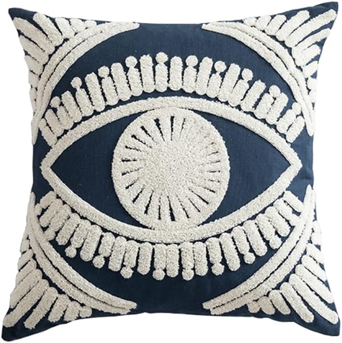 Boho Abstract Tufted Throw Pillow Cover Geometric Embroidered Decorative Pillowcase Farmhouse Cotton Square Accent Cushion Cover for Sofa Couch Bedroom (Type B,18"x18")