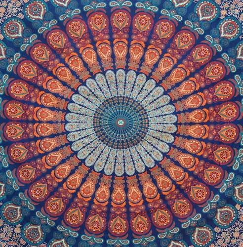 Bless International Handmade Indian hippie Bohemian Psychedelic Peacock Mandala Wall hanging College Dorm Beach Throws Table Cloth Bedding Tapestry (Golden Blue, Medium(54x60Inches)(137x152cms)) - color: Golden Blue, size: 60"L x 54"W