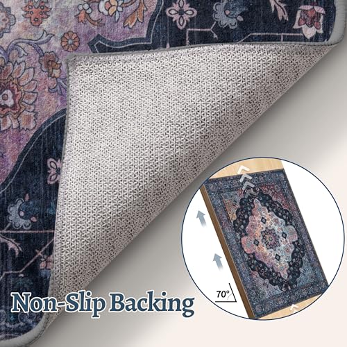 2x3 Entryway Rug, Vintage Rug with Non Slip Backing, Washable Rugs Low Pile Indoor Small Area Rug for Front Door Entrance Kitchen Bedroom Bathroom, Blue/Multi Retro Doormat Carpet - color: Navy/Multi, size: 2' X 3' (Rectangular)