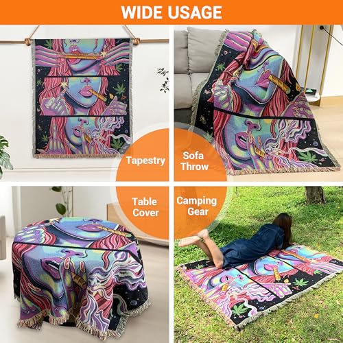Trippy Throw Blanket for Couch Bed Lounge Chair Hippy Trippy Boho Chair Throw Blanket Hippie Hippy Wall Tapestry Woven Throws Blankets Smoking Weed Accessories Marijuana Cannabis Boho Room Decor 51x59 - color: Woven Cool Girl