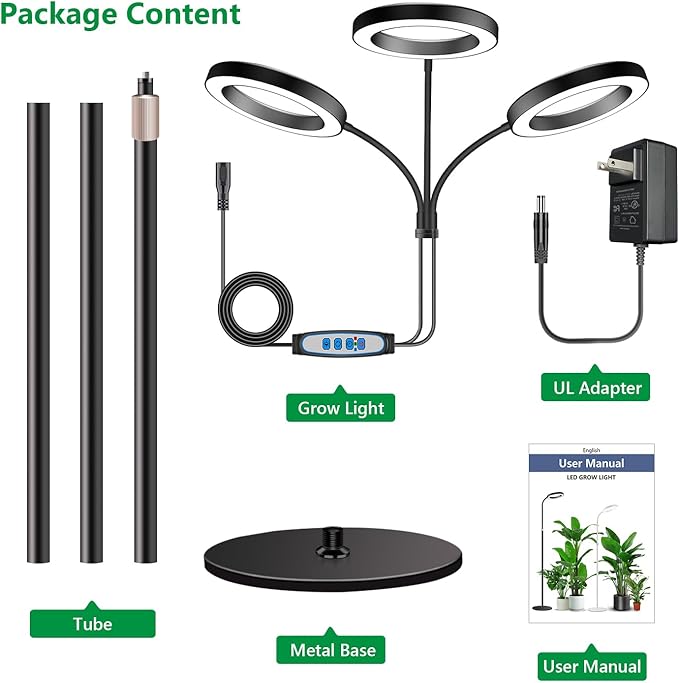 Grow Lights for Indoor Plants, 3 Head Full Spectrum Plant Light with 68" Adjustable Stand for Growing Large Tall Plants, Black Halo Floor LED Grow Lamp with 16 Hour Timer