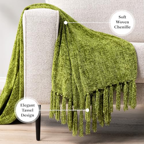 PAVILIA Olive Green Blanket for Couch, Twin Size Bed, Chenille Throw for Sofa Bed, Soft Knit Woven Blanket with Decorative Tassel for Living Room, Olive Green Twin 60x80 - color: Olive, size: 60 X 80 Inches - Twin