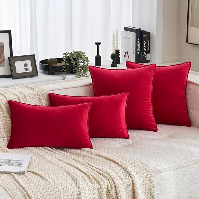 MIULEE Red Velvet Throw Pillow Covers 20x20 Soft Decorative Solid Square Cushion Cases Pack of 2 Modern Luxury Home Decor for Couch, Sofa, Bedroom