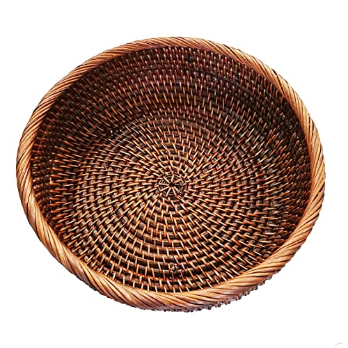 9 Inch Round Rattan Bowl Basket, Handmade Wicker Basket Tray with Scalloped Edge and 3”Deep Wall, Decorative Woven Dark Brown Bread Basket Fruit Bowl Key Holder Table Centerpiece, M - color: M - D8.7 x H2.8 inch