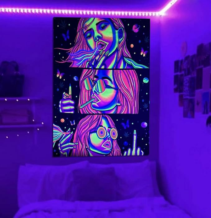 Trippy Tapestry Blacklight Tapestry for Bedroom Weed Decor Marijuana Cannabis Poster Smoking Tapestries Hippie Hippy Wall Tapestries Cool Asf Trippy Room Decor Weed Accessories Gifts 80"x 60"