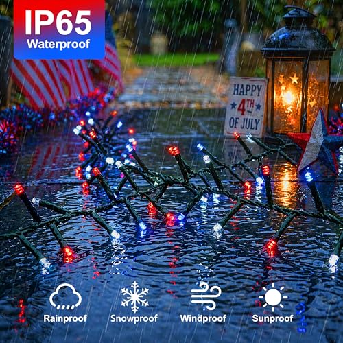 200LED Red White and Blue Lights Outdoor, 20ft 4th of July Decorations Solar String Lights with 8 Modes, Patriotic Solar Light Waterproof for Independence Day Memorial Day Home Garden Party Yard Decor - color: Red White Blue, size: 200LED*1pc-solar
