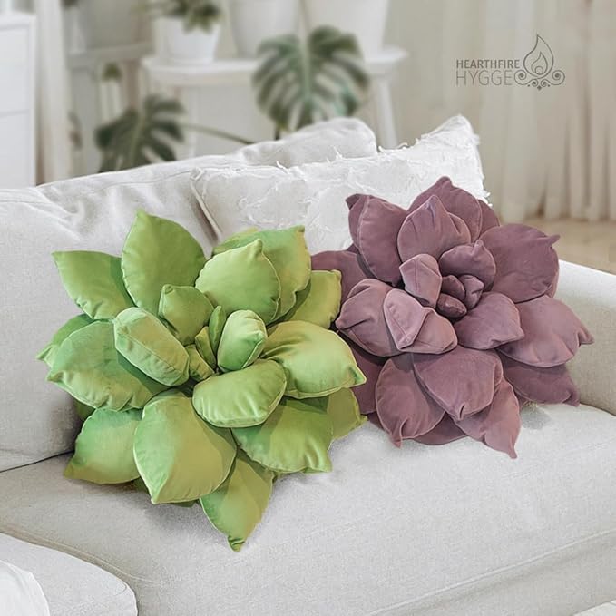 3D 17" Green Cactus Flower Pillow | Hand-Stitched Flower Pillow for Bedroom, Living Room, and Nursery | Cozy Decorative Leaf Throw Pillow