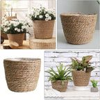 Hand Woven Planter Basket with Liner Rustic Straw Flower Pot for Indoor Outdoor Plants Balcony Living Room Decor 7.8X9.75X7.8 Inches