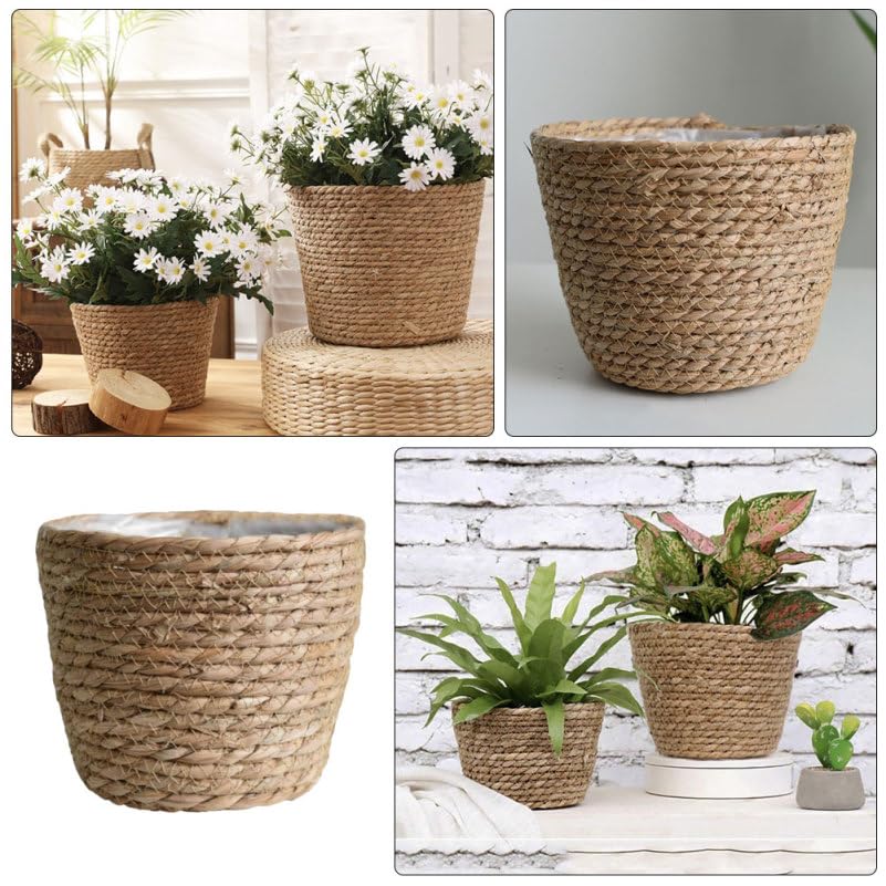 Healeved Hand Woven Planter Basket with Liner Rustic Straw Flower Pot for Indoor Outdoor Plants Balcony Living Room Decor 7.8X9.75X7.8 Inches