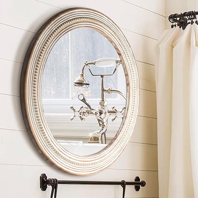 24 inches Wood Round Decorative Mirrors for Wall Decor, Rustic Circle Mirror for Bedroom, Bathroom, Living Room, Entryway Boho Mirror for Home and Office