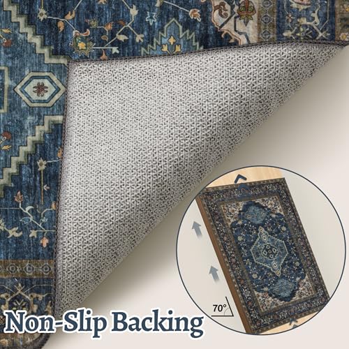 Tangsoo Dark Blue 2x3 Washable Rugs for Entryway, Vintage Non Slip Small Area Rug Carpet, Oriental Indoor Front Door Rug, Door Mat Indoor Entrance Soft Low Pile Throw Rugs for Entry Kitchen Bedroom - color: Dark Blue/Golden, size: 2' X 3' (Rectangular)