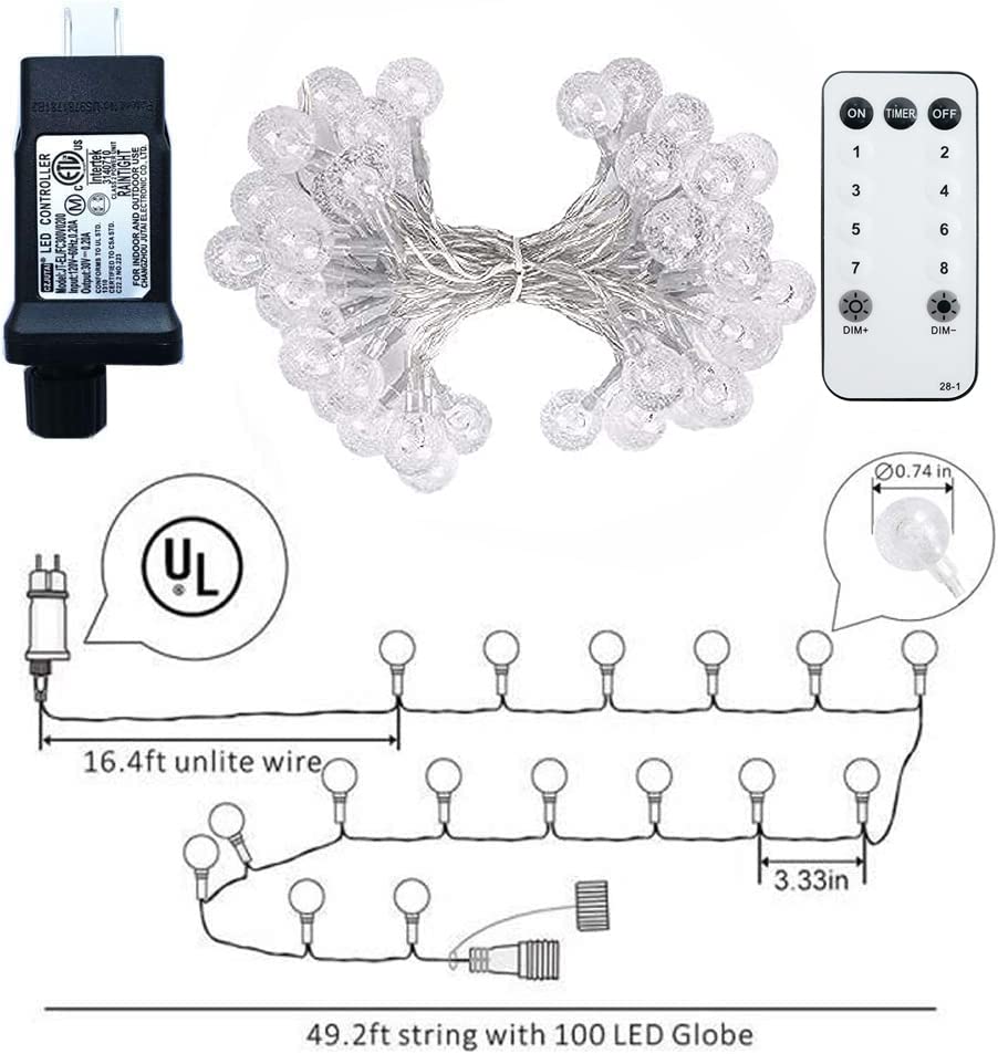 Globe String Lights 49.2 Feet 100 LED, Plug in Crystal Fairy String Lights with Remote Timer, 8 Modes Indoor Outdoor Hanging Globe Lights for Wedding Bedroom Classroom Patio Garden - color: Warm White, size: 49.2ft