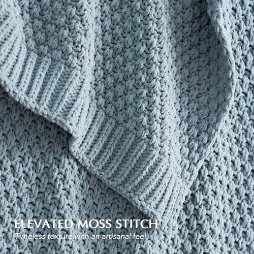 EVERGRACEHOME Chunky Chenille Knit Throw Blanket for Couch, Soft Luxurious Moss Stitch Blankets for Bed, Cozy Decorative Farmhouse Knitted Throws for Sofa, Chambray Blue, 50" x 60" - color: Chambray Blue, size: 50" X 60"