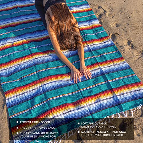 Benevolence LA Mexican Blanket, Authentic Handwoven Yoga Blanket & Outdoor Blanket, Made by Traditional Mexican Artisans, Saddle Blanket, Beach Blanket, Picnic Blanket, & Car Blanket 75 x 52 - Agua - color: Agua