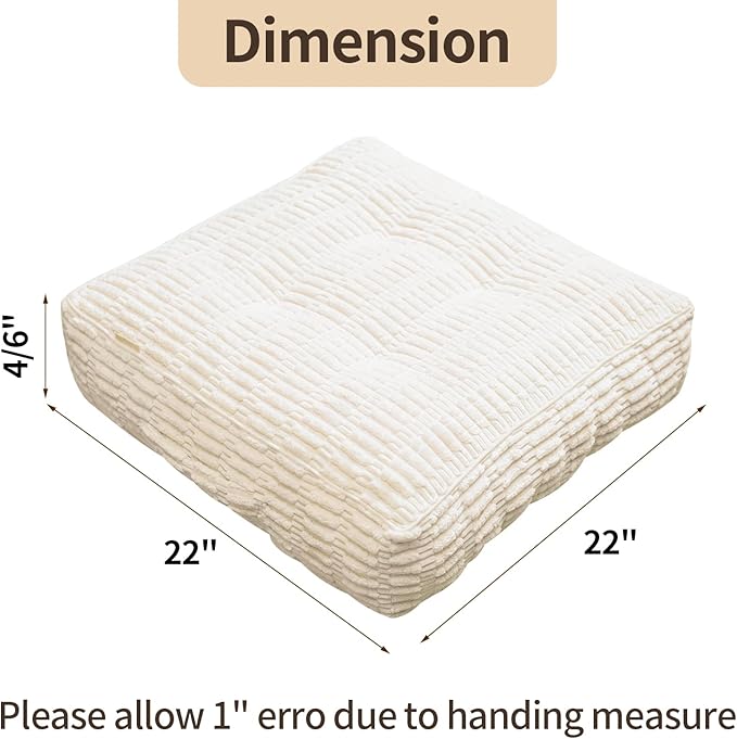 Floor Cushions, Corduroy Floor Pillow, Floors Pillows for Adults & Pets, Large Floors Pouf, Square Floored Pillows for Sitting & Yoga(1PC, Beige White，22"×22"×5.9")
