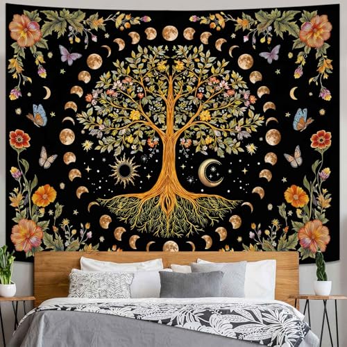 Lunerfex Tree of Life Wall Tapestry - Celestial Moon Phase & Sun Wall Hanging for Bedroom and Living Room Decor - Boho Spiritual Tapestries 80"x60" - color: Black Blue, size: 80"L x 60"W