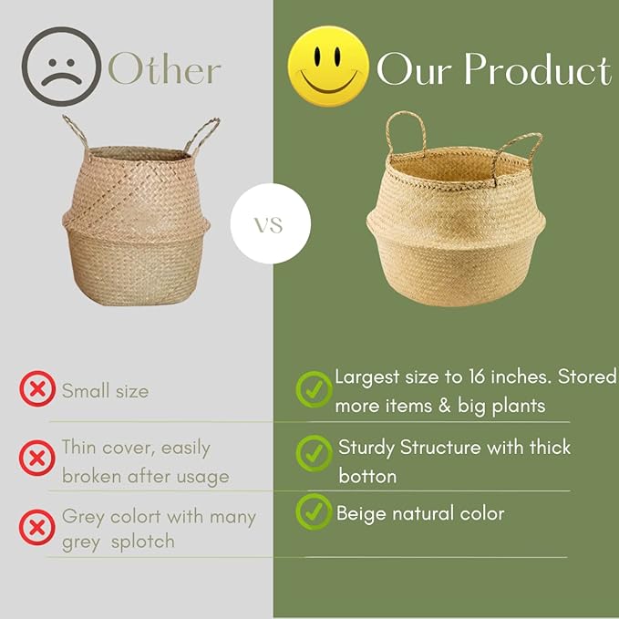 LiloCraft Seagrass Plant Basket (Size: 12x11inches, Pattem:Black Bottom) Home Decor Storage Solution with Eco-Friendly, Woven Basket Planter Indoor with Handles, Round Boho Plant Pot