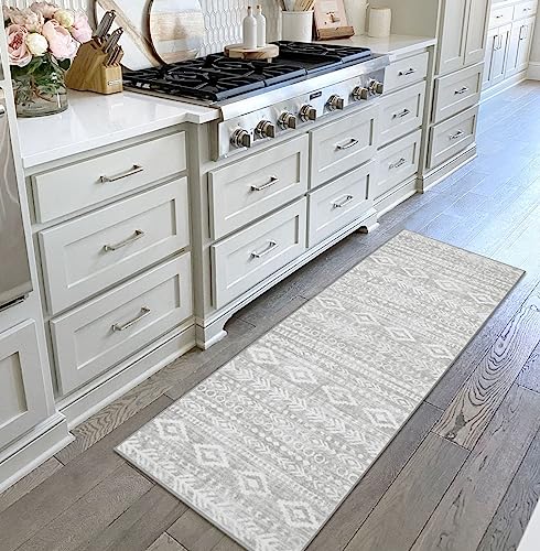 Lahome Farmhouse Grey Hallway Runner Rug, Low-Pile Washable 2x6 Laundry Room Rug Runners for Hallways Non Slip, Moroccan Tribal Print Indoor Floor Carpet Runner 6ft for Bathroom Kitchen Varena - color: Grey/White, size: 2' x 6'