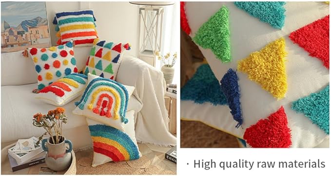 Colorful Throw Pillows Boho Throw Pillows Covers 18x18 Inch - Hand Tufted Cotton with Playful Tassels | Boho Multicolor Polka Dots Pattern| Vibrant Nursery Kids Room Decor Pack of 1,18" x 18" D