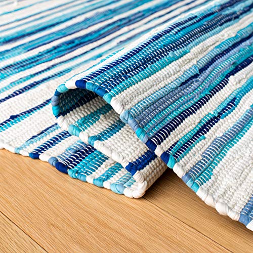 SAFAVIEH Rag Rug Collection Accent Rug - 2' x 3', Ivory & Blue, Handmade Boho Stripe Cotton, Ideal for High Traffic Areas in Entryway, Living Room, Bedroom (RAR126B)
