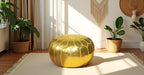 Stuffed Round Design Moroccan Faux Leather Pouf Ottoman, Handmade, Pre-Filled, 100% Genuine Leather, 13” Height x 20” Diameter, Footstool & Living Room Décor (Gold)