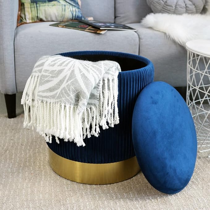 Blue Round Ottoman with Storage Set of 2 Upholstered Velvet Vanity Stool for Living Room Storage Ottomans Multifunctional Foot Rest