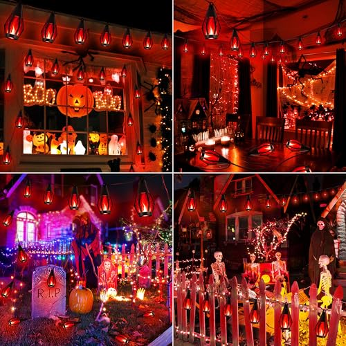 iBaycon Solar Halloween Lights, 42Ft 15 LED Bulbs Flickering Flame String Light, Outdoor Waterproof Solar Flame Lights for Garden Yard Patio Halloween Decorations (Red) - color: Red, size: 42FT