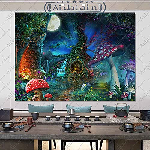 Aidatain Fantasy Mushroom Forest Tapestry for Teen Girl Magical Tree of Life House Full Moon Wall Hanging Fairy Tale World Tapestries Flannel Large Size 80" 60" Wall Decor Bedroom Living Room GTCCAT1 - color: Colorful